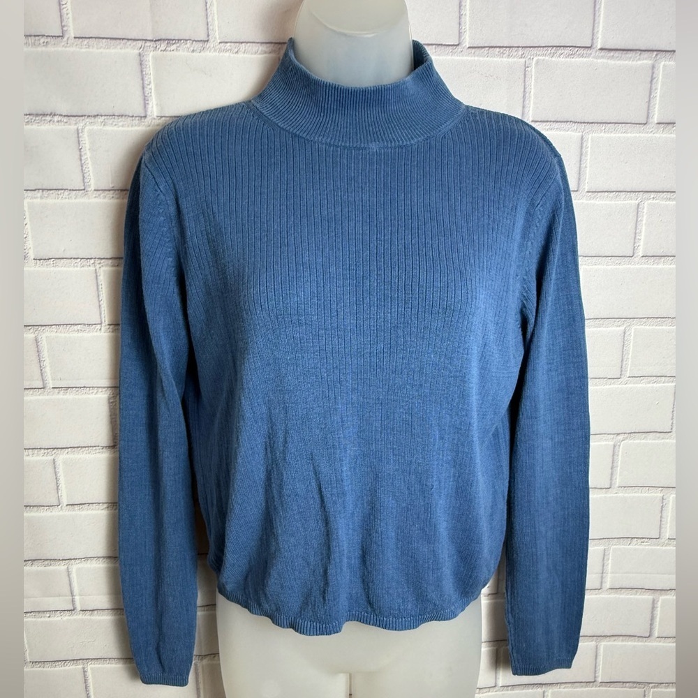 August Silk Petites Blue Mock Neck Ribbed Sweater Women's size  MP